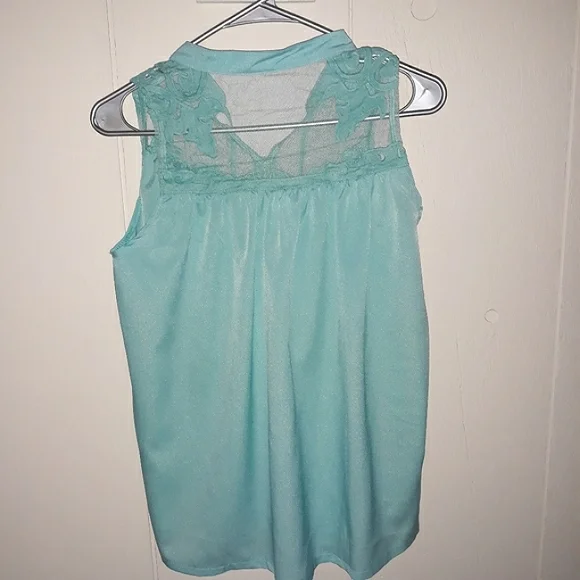 Blue sleeveless tank top blouse party lace sheer travel business sport summer - Picture 2 of 6